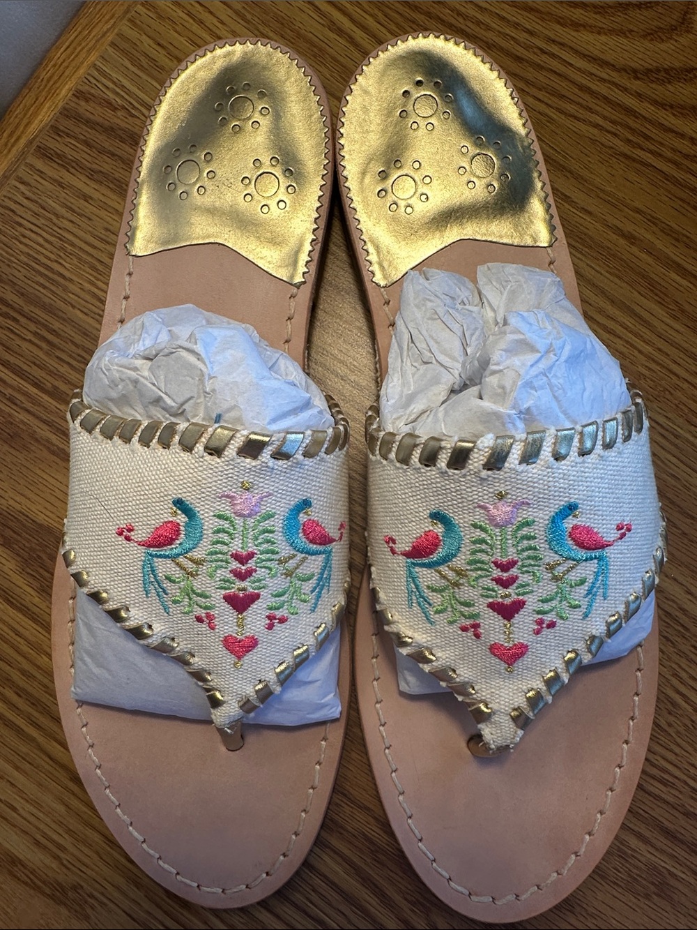 Jack Rogers Thong Sandals, Gold Trim w/ Parrots & Hearts, Leather Sole, 11M, NWT
